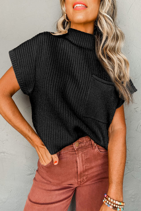 Ribbed Mock Neck Patch Pocket Drop Shoulder Short Sleeve Sweater